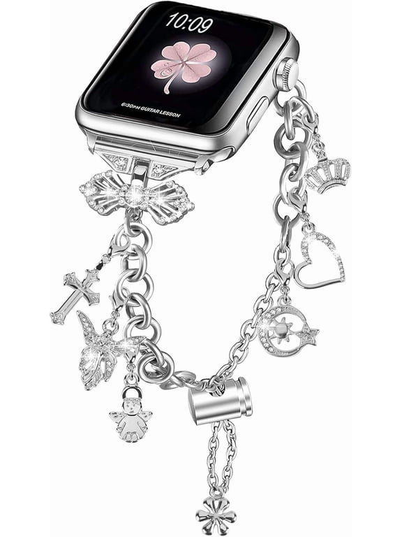 Floral Charm Metal Smart Watch Band for 38-49mm Smartwatches, Adjustable Stainless Steel Bracelet Strap for Women, Compatible with Series 10/9/8/7/6/5/4/3/2/1/SE