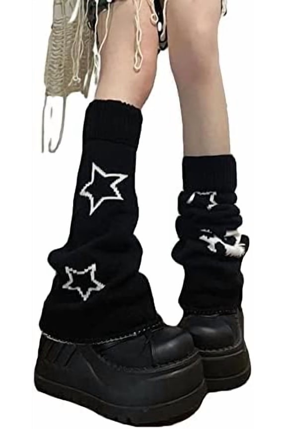 Y2k Star Skull Print Two Side Wear Knitted Leg Warmers Socks Punk Girls Japanese Kawaii Streetwear Leg Cover