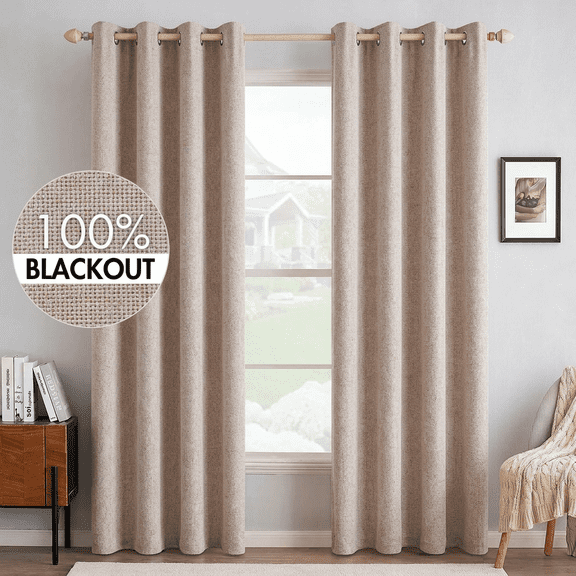 QIANLI 2-piece 100% light-blocking and heat-insulating curtains, linen texture, creates a dark environment, machine washable, suitable for bedrooms, living rooms and outdoor use