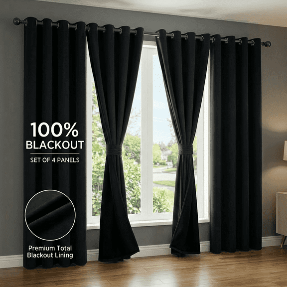 QIANLI 4 Panels 100% Blackout Curtains, Midweight Thermal Insulated Grommet Drapes for Bedroom Living Room, Light Blocking Window Treatment, Pack of 4, 54x108 Inches, Black