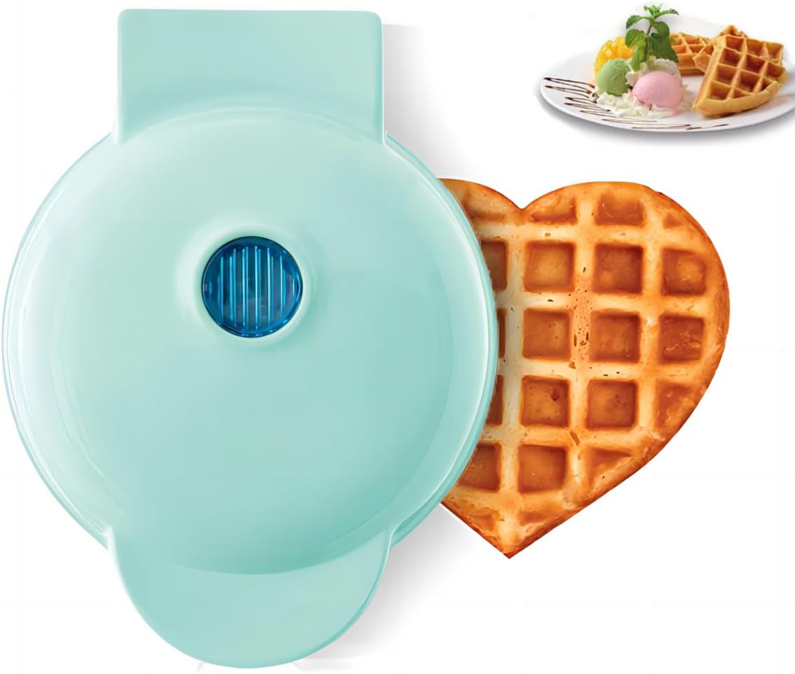 QIANSHUO Mini Maker Waffle Maker - Adjustable Browning Control, Heart, Azure