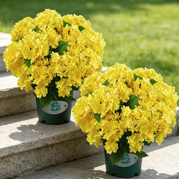 QIANYUN 20" Artificial Hydrangea Bush in Pot, UV-Resistant Faux Hydrangea Bush, Set of 2, Yellow