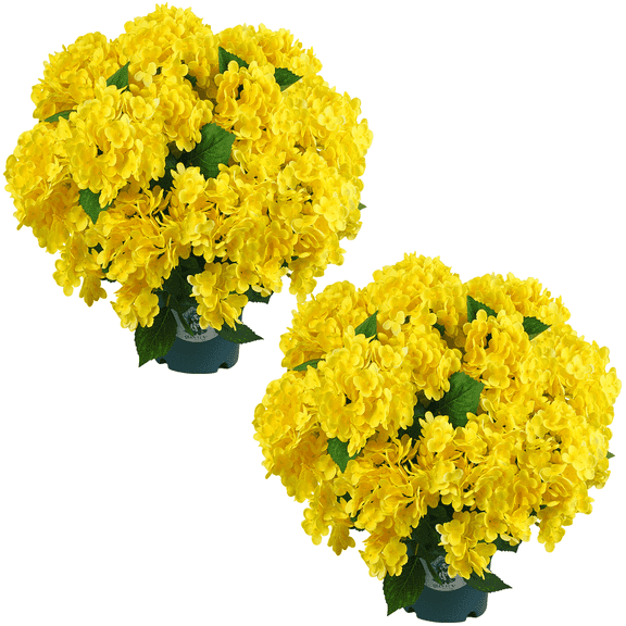 QIANYUN 20" Artificial Hydrangea Bush in Pot, UV-Resistant Faux Hydrangea Bush, Set of 2, Yellow