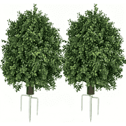 QIANYUN 27" Artificial Boxwood Ball Bush,UV Resistant Fake Plants, Faux Evergreen Topiary Shrub with Ground Spike for Front Yard, Garden, Porch Decor, 2 Pack