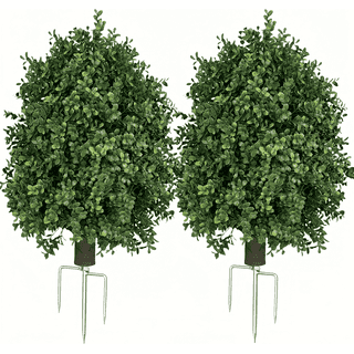QIANYUN 27" Artificial Boxwood Ball Bush,UV Resistant Fake Plants, Faux Evergreen Topiary Shrub with Ground Spike for Front Yard, Garden, Porch Decor, 2 Pack