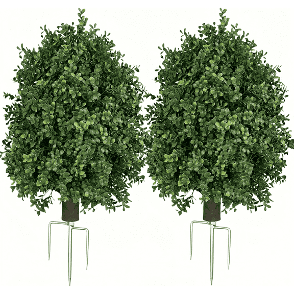 QIANYUN 27" Artificial Boxwood Ball Bush,UV Resistant Fake Plants, Faux Evergreen Topiary Shrub with Ground Spike for Front Yard, Garden, Porch Decor, 2 Pack