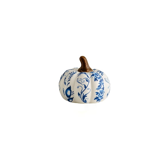 QIAOIDEA Blue and White Ceramic Pumpkin Decor, Chinoiserie Fall Tabletop Decoration - Small
