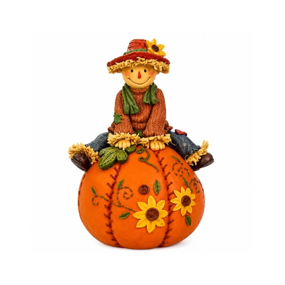 QIAOIDEA Farmhouse Harvest Figurine Sunflower Scarecrow on Pumpkin Tabletop Decor 6 in