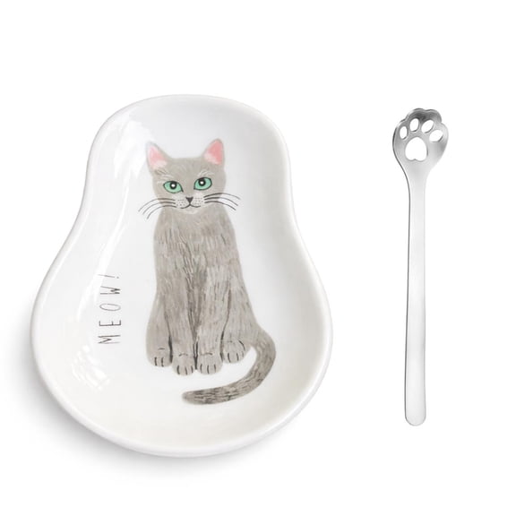 QIAOIDEA Grey Cat Ceramic Spoon Rest and Coaster Set - Hand-Painted Kitten Figurine with Matching Spoon for Coffee Bar, Kitchen Counter