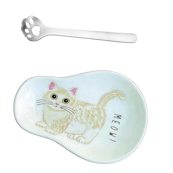 QIAOIDEA Orange Cat Ceramic Spoon Rest and Coaster Set - Hand-Painted Stretching Kitten Figurine with Matching Spoon for Coffee Bar, Kitchen Counter