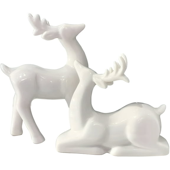 QIAOIDEA Pack 2 Porcelain Christmas Reindeer Figurines Mini Animal Reindeer Decor Deer Statues Sculpture Collectible Figurines