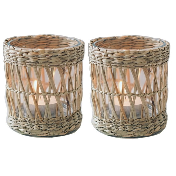 QIAOIDEA Rustic Vintage Seagrass Glass Tea Light Candle Holder, Pack of 2