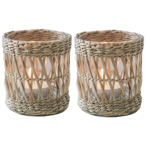 QIAOIDEA Rustic Vintage Seagrass Glass Tea Light Candle Holder, Pack of 2