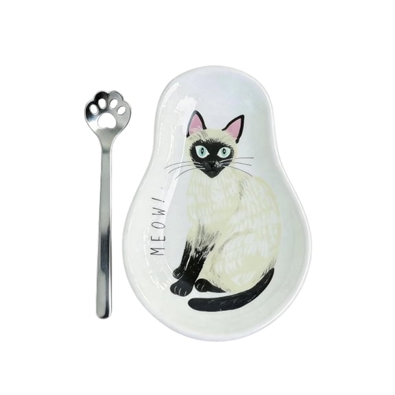 QIAOIDEA Siamese Cat Ceramic Spoon Rest and Coaster Set - Hand-Painted Lying Kitten Figurine with Matching Spoon for Coffee Bar, Kitchen Counter