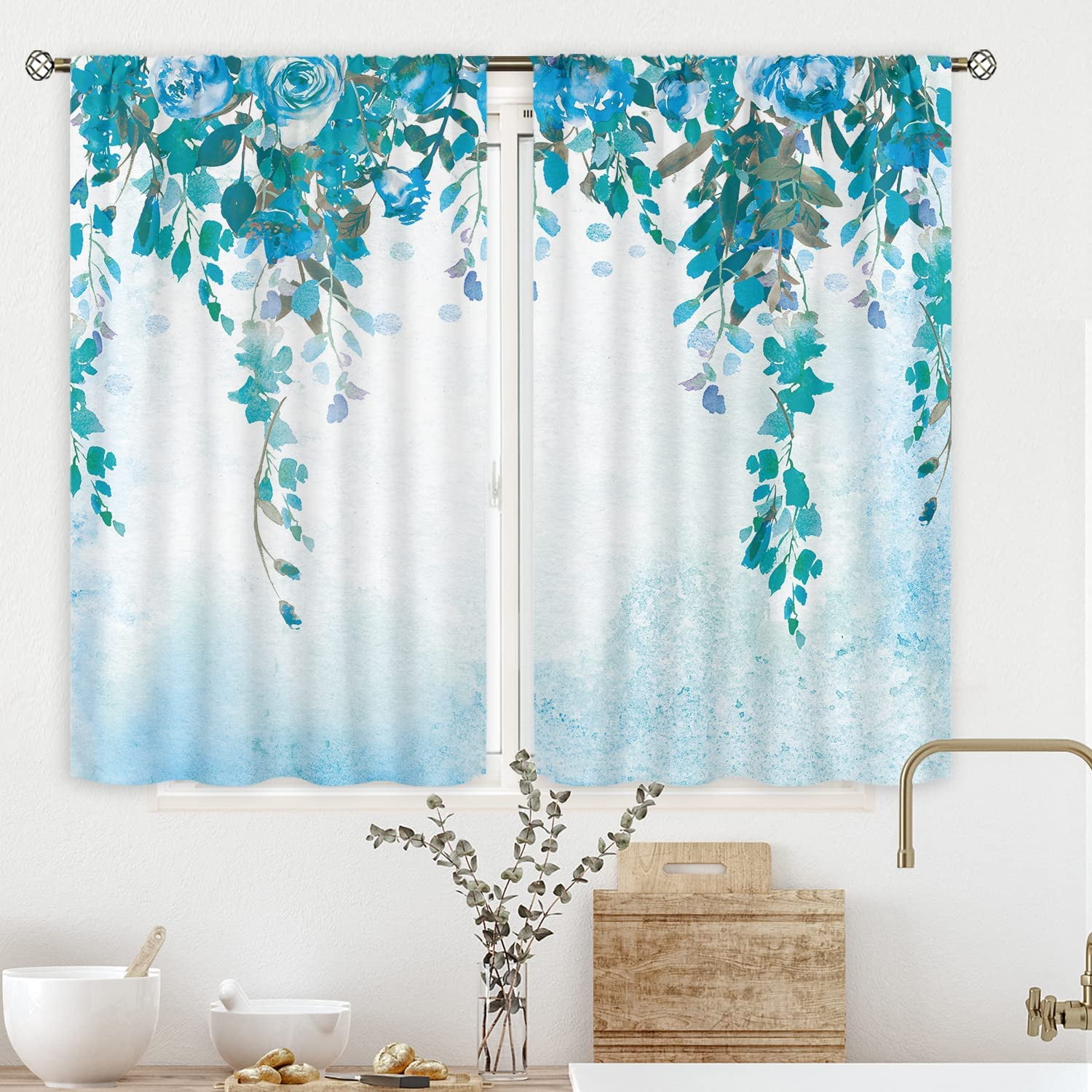 QIBAIDAN Flower Kitchen Curtains 27.5W x 39H Inch Rod Pocket Navy Blue