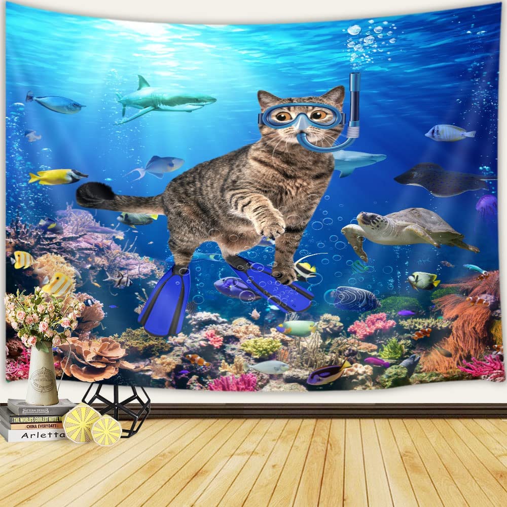 QIBAIDAN Funny Cat Shower Curtain Set Teal Blue Sea Ocean Shower