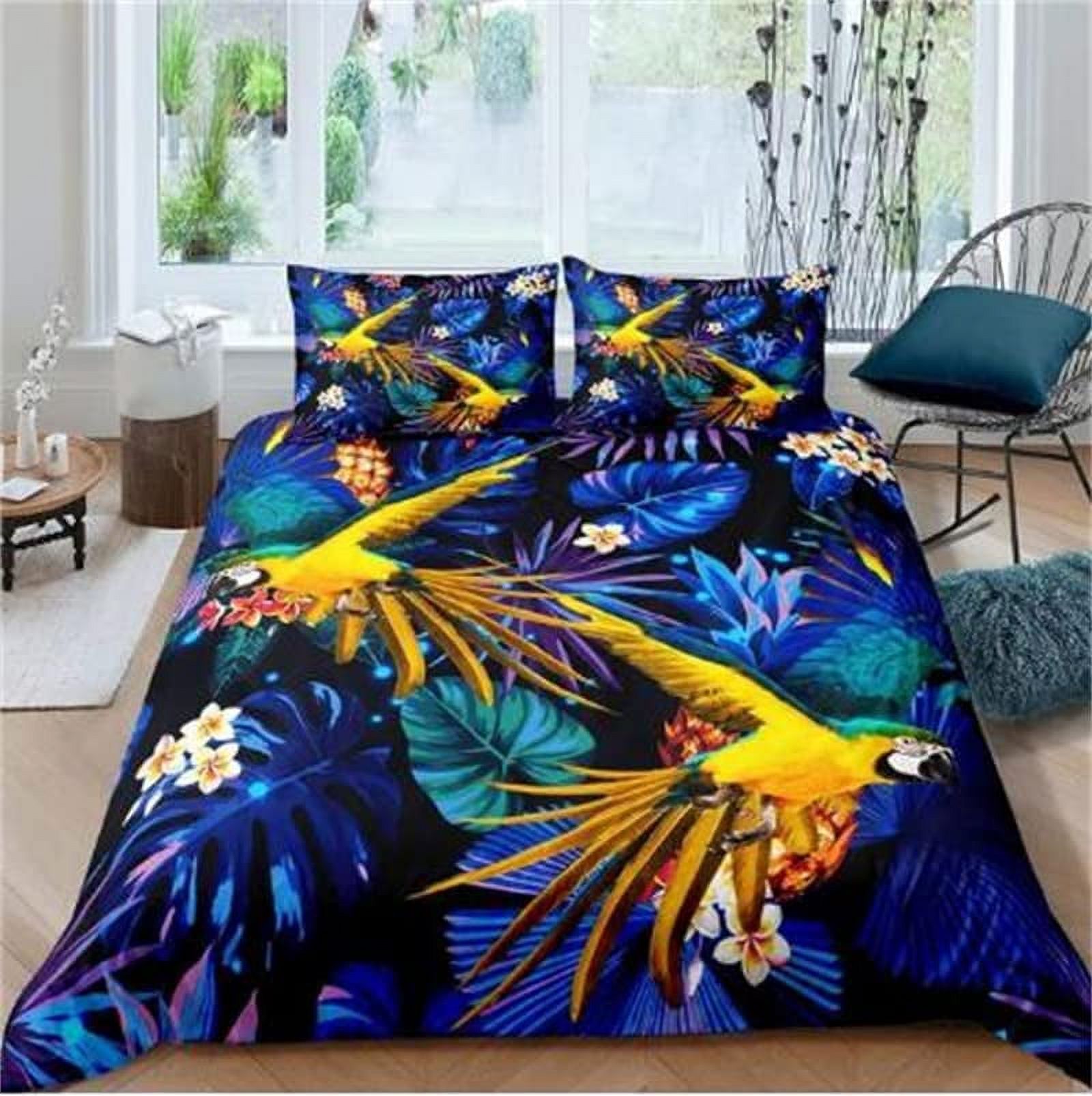 QIBAIDAN Palm Leaf Plantain Leaf Parrot Duvet Cover Set Tropical Flower Bush Quilt Cover Twin