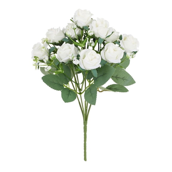 QIDESHIP White Artificial Mini Rose Bouquet, 10 Heads Fake Silk Rose Flowers Bulk, Bridal Bouquet for Wedding, Bridal Shower, Home & Office Table Decor with Leaf Faux Mini Flowers