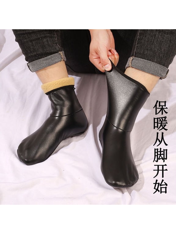 1Pair Black Waterproof PU Socks with Fleece Lining Warm Thermal Boot Socks