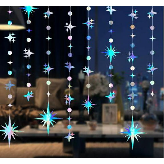 QIDITONG 4pcs Iridescent Streamer Garland Star Circle Dot Garland Party Hanging Decorations For Birthday Wedding New Year Parties 3 M