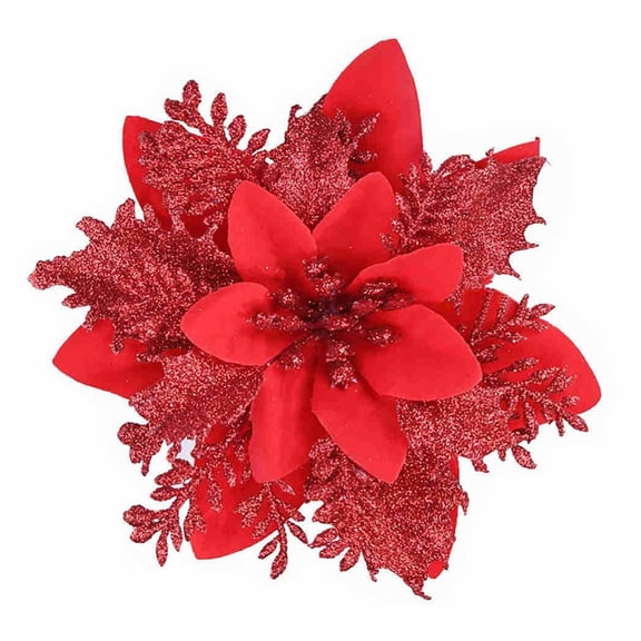 QIEZHON 16Pcs Wine Poinsettias Artificial Christmas Flowers Large 5.5in Glitter Poinsettia Christmas Tree Decoration Flower for Xmas Wreath New Year Wedding Party Ornament Clearance!