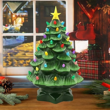 QIEZHON Hot！Hand Painted Ceramic Christmas Tree,Green 5.9-Inch Pre-Lit TreeVintage Tabletop Christmas Tree Holiday Decoration with Multi Color Lights