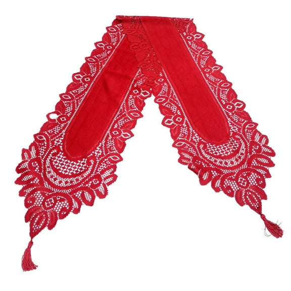 QIFEI 1Pc Satin Fabric Crochet Lace Rectangular Table Runner Dresser Scarf Doilies Tasseled Edge Hand Knitted Floral Table Runner Wedding Party Decor