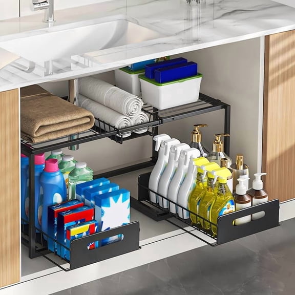 QIFEI  2 Pack Under Sink Organizer Space-Saving Multi-Layer Under-Sink Pull-Out Storage Rack - Carbon Steel Kitchen Organizer with Wire Baskets & Wood Accents, Tiered Design for Dishes, Condiments,