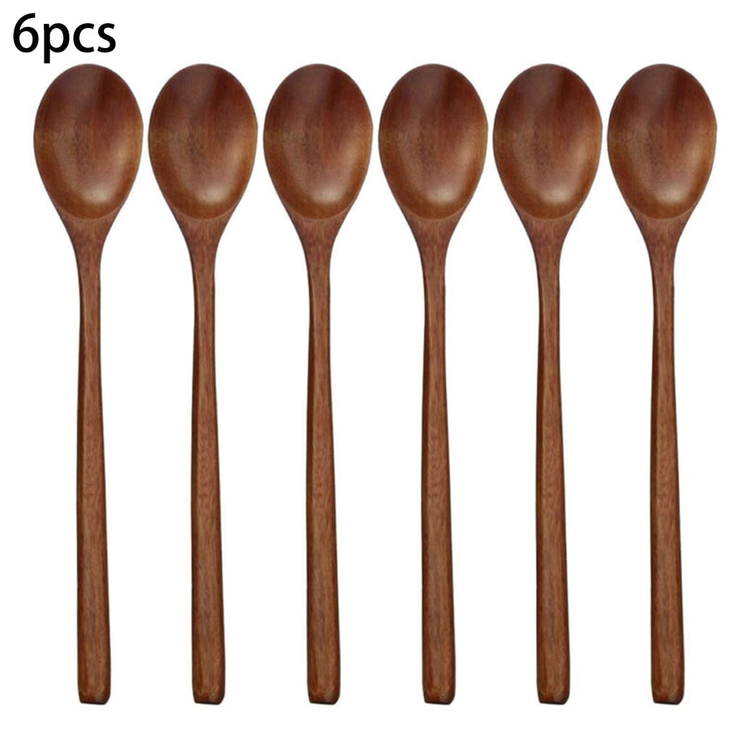 9 Inch Natural Wood Long Handle Soup Spoons, Set of 6
