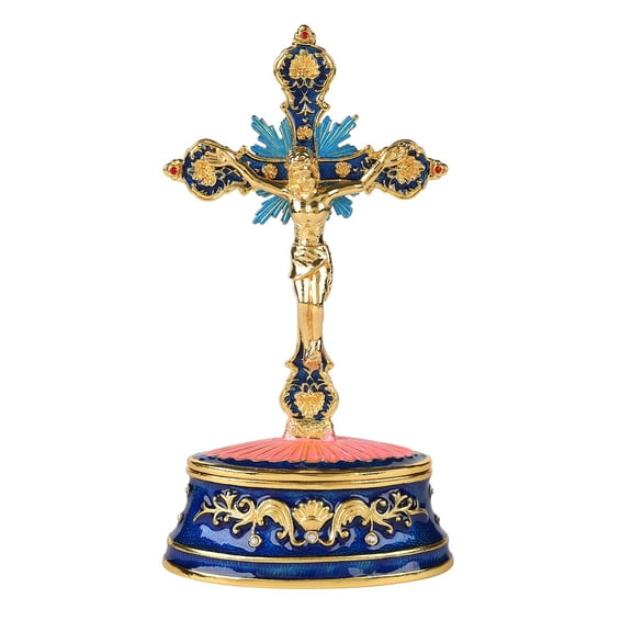 QIFU Hand Painted Decorative The Cross Figurine Enamel Trinket Box Hinged, Unique Gift for Home Decor