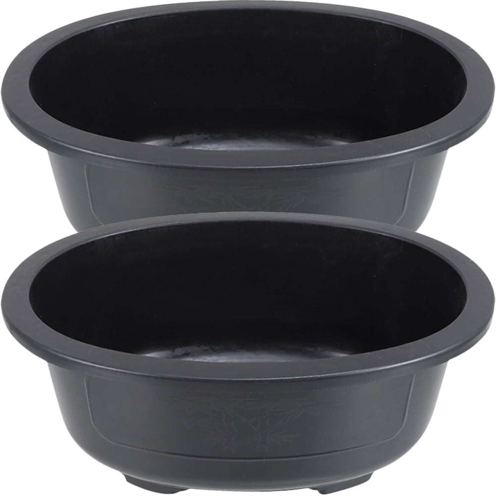 QIFULL 2Pcs Large Black Plastic Flower Pot Oval Planter with Water Drainage for Garden Office Use