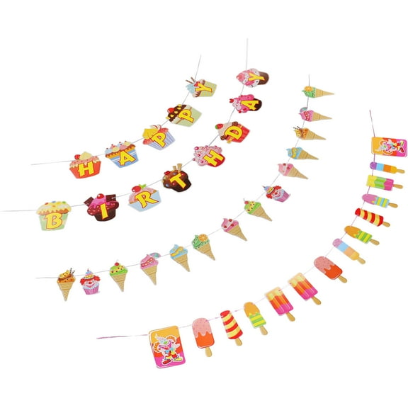 QIFULL Party Food Decorations Ice Cream Banners Assorted Color 3Sets Paper Celebration Activities