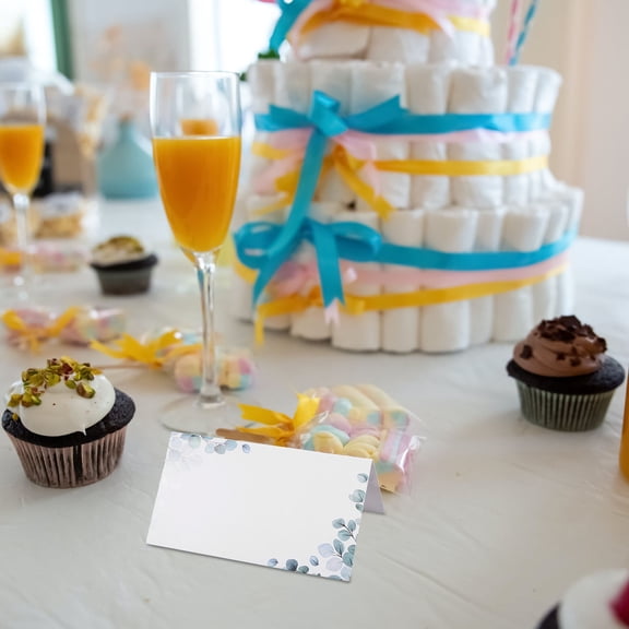 QIFULL 50Pcs Printable White Place Cards for Table Setting with Elegant Green Leaf Design for Events