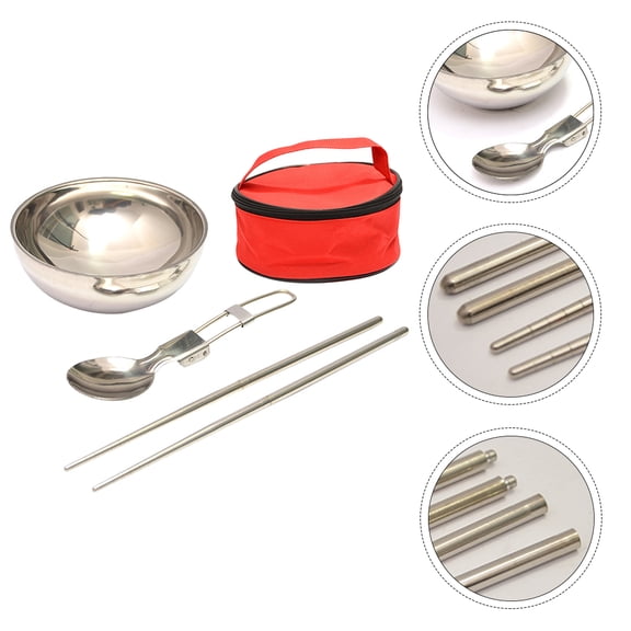 QIFULL 1Set Portable Red Stainless Steel Picnic Tableware Bowl with Folding Spoon and Chopsticks