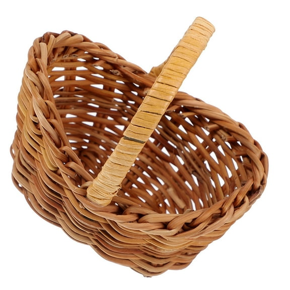 QIFULL Light Brown Small Wooden Basket with Handle for Storage and Picnic Use