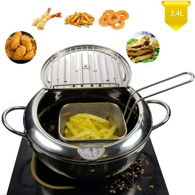 QIFWL Stainless Steel Mini Deep Fry Pan with Basket Draining Rack