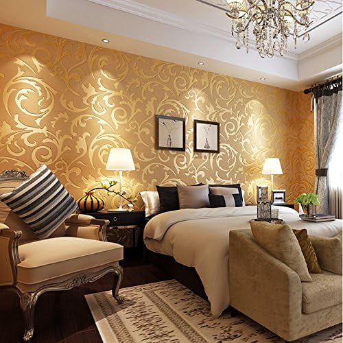 QIHANG European Retro Victorian Damask Embossed Textured Non-Woven Flocking Wallpaper Gold Color 0.53m*10m=5.3$$Tools & Hardware Other