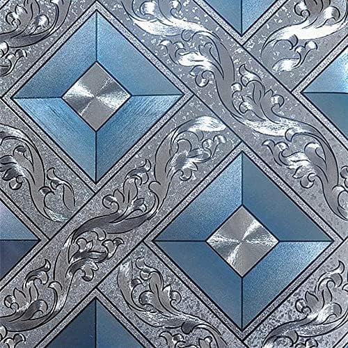 QIHANG Silver Foil Mosaic Square Lattice Background Flicker Gold Leaf Wallpaper Modern Roll/Hotel Ceiling/Decorative Wallpaper Roll Silver&Blue 1.73' W x 32.8' L=57 sq.ft