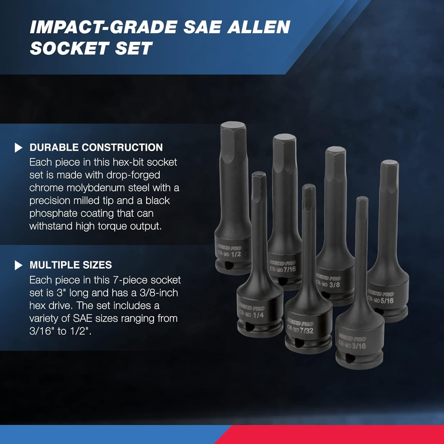 QIHE-01131B 3/8-Inch-Drive Allen Socket Set, 3-Inch Length, 3/8-Inch ...