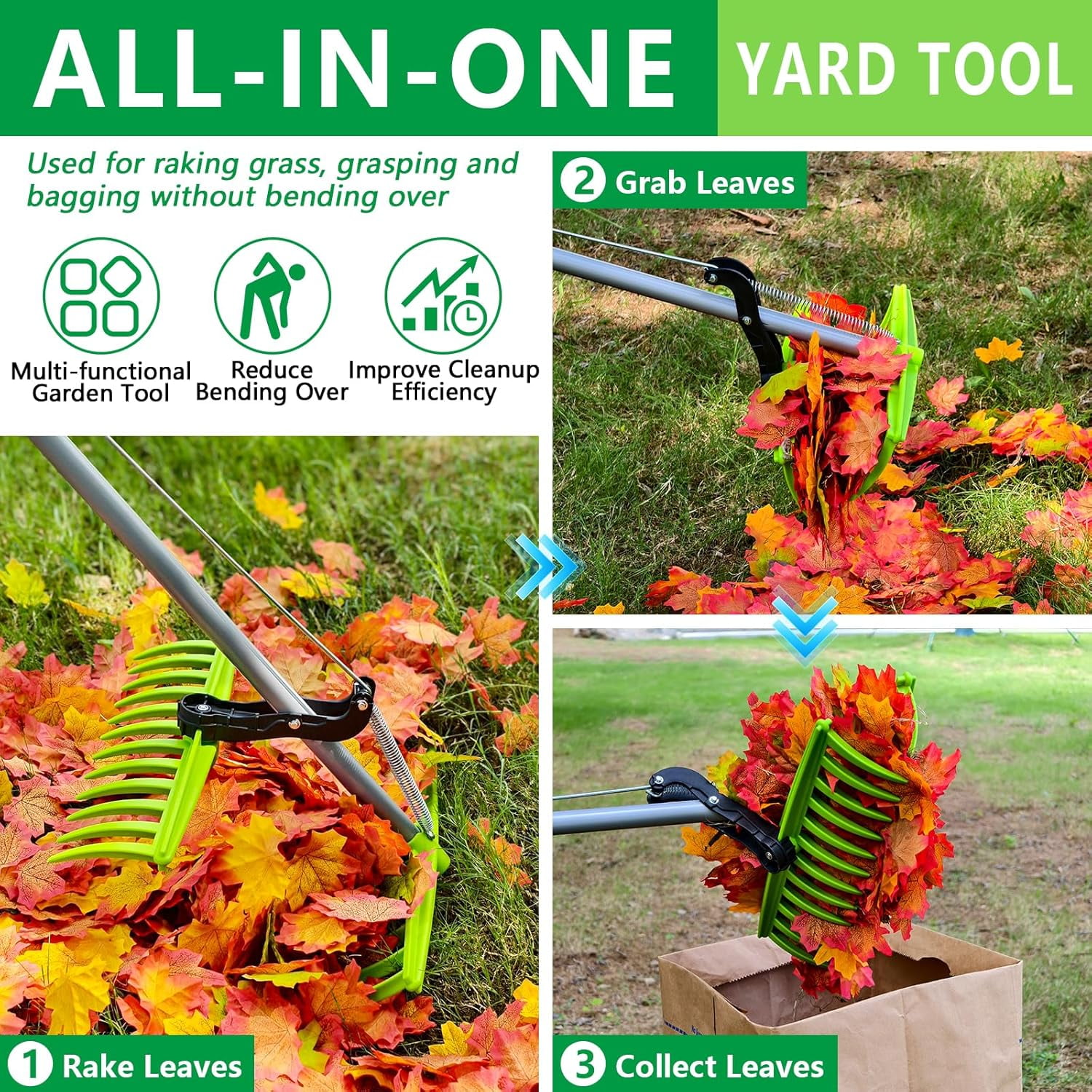 QIHE-2-in-1 Leaf Grabber Rake Back Saving, Ergonomic Leaf Scoops Claws ...