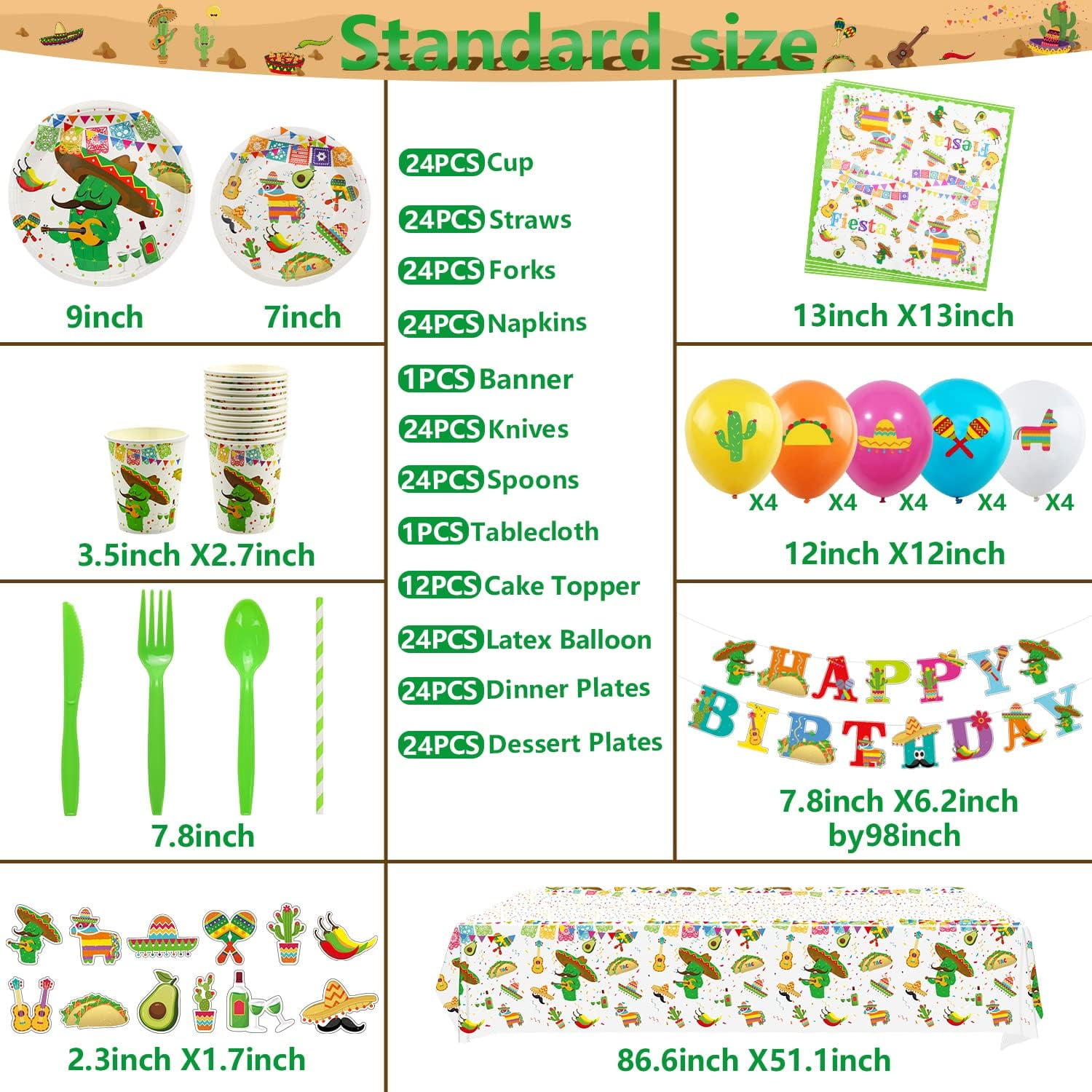 QIHE-226 PCS Mexican Themed Fiesta Party Supplies - Paper Plates, Cups, Napkins, Straws Forks Knives Spoons, Balloon, Tablecloth, HAPPY BIRTHDAY Banner for Cinco de Mayo Disposable Tableware Se