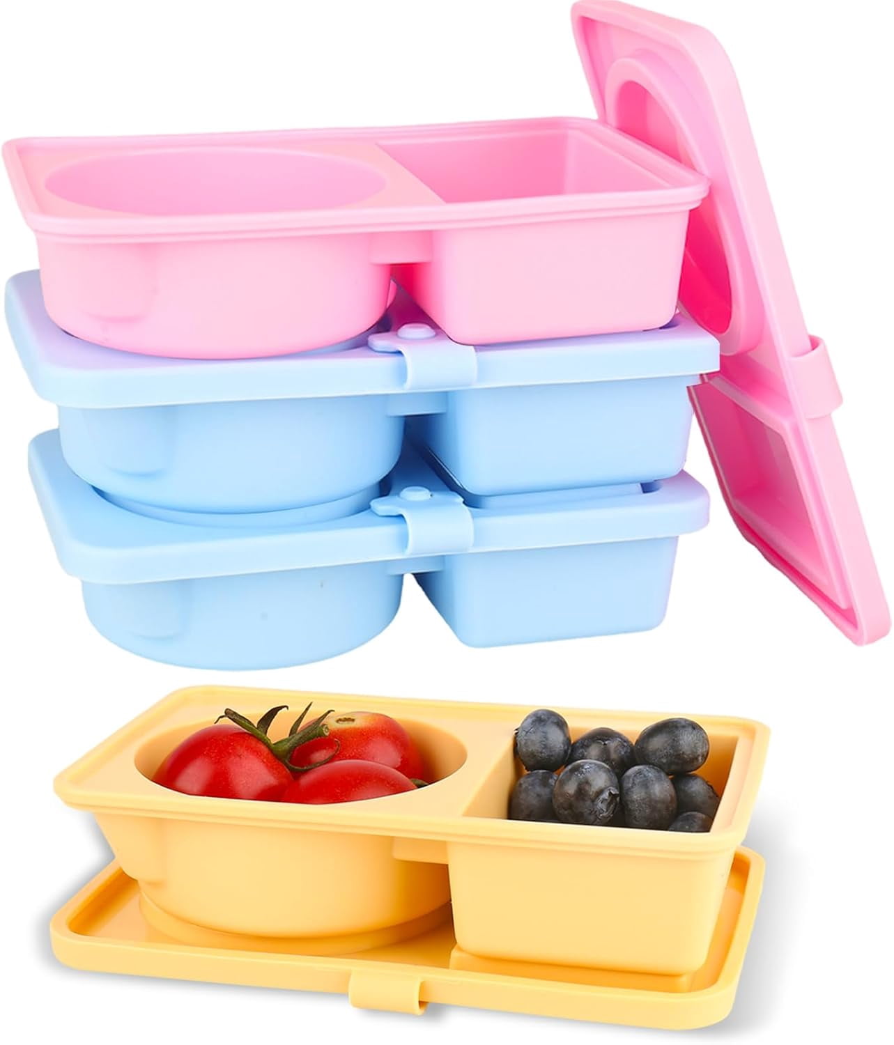 QIHE-4 Pack Silicone Snack Containers with LidsReusable 2-Compartment ...