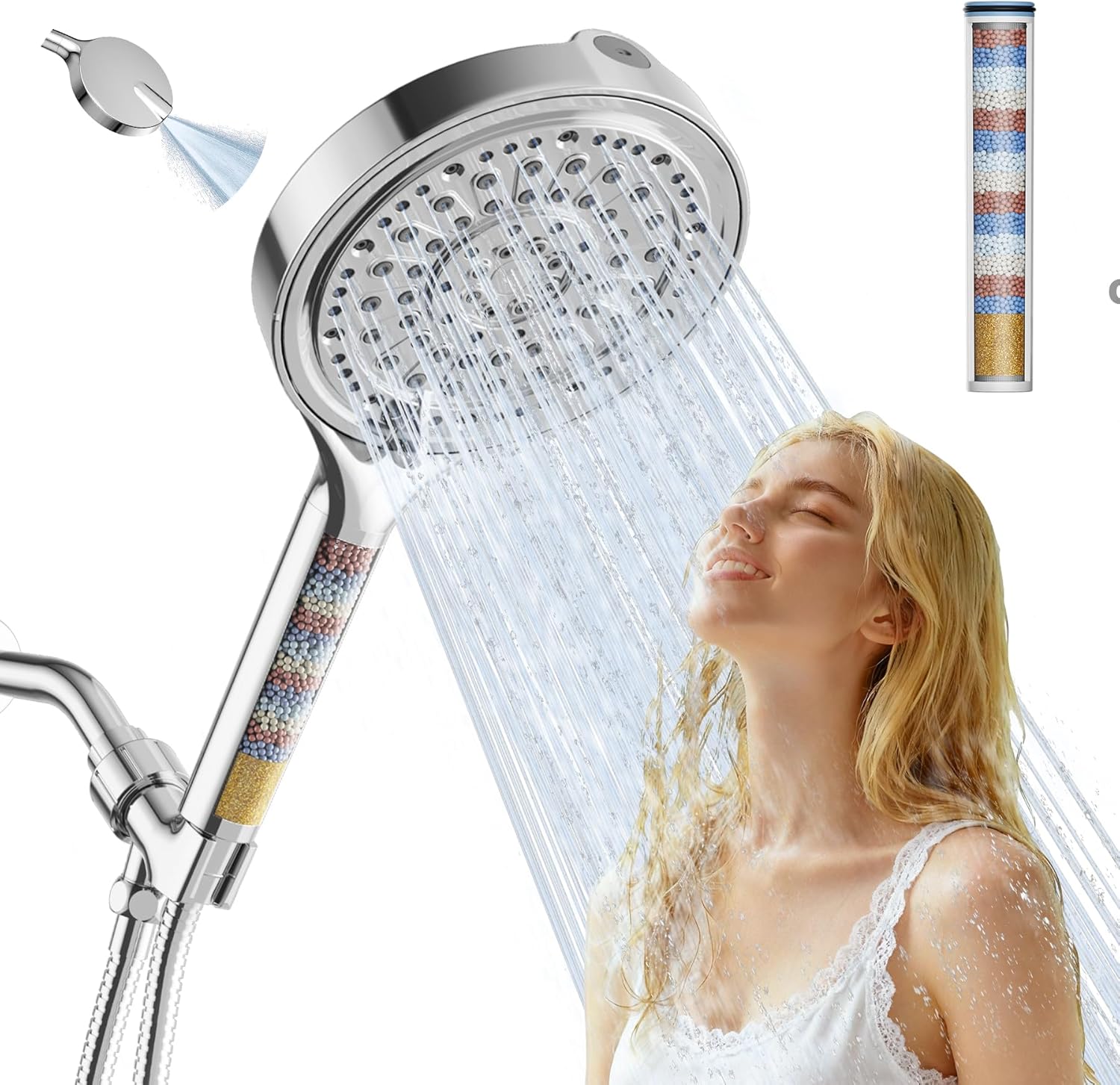 QIHE-6 Inch Filtered Shower Head, 6 Spray Modes High Pressure Handheld ...