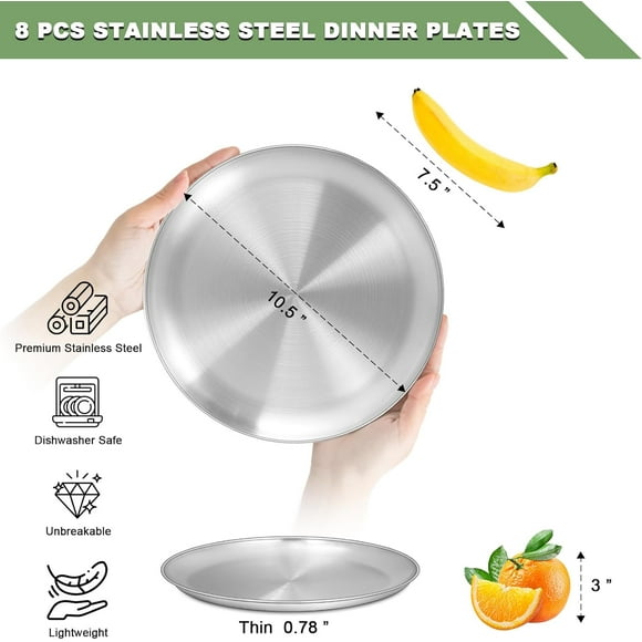 QIHE-8 Pack Stainless Steel Plate Set, 10 Inch Metal Lightweight Unbreakable Dinner Dishes Plates Set, Round Camping Plates for Serving Dishes Dessert Salad, Non Toxic & Reusable, Dishwasher Safe