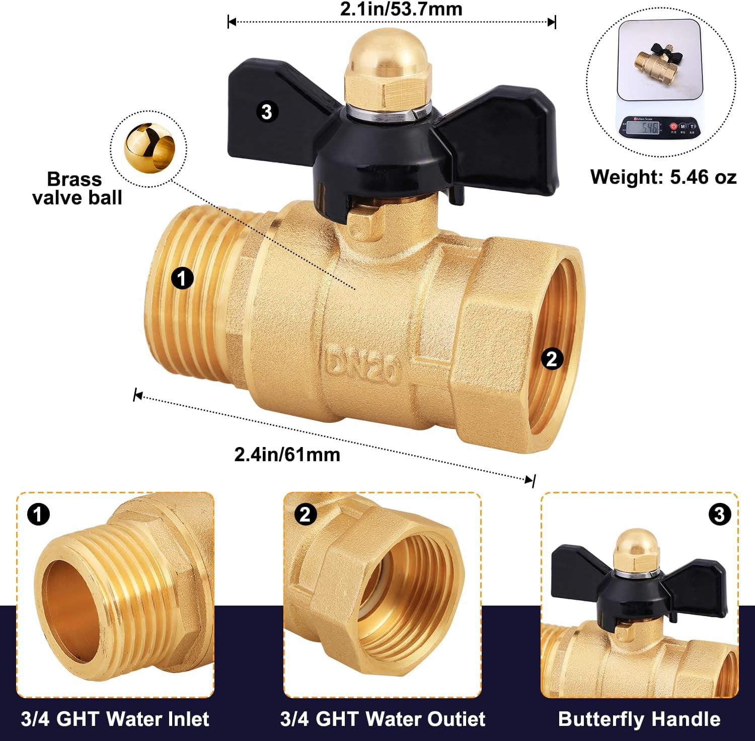 QIHE-Brass Garden Hose Shut Off Valve Full Flow, No Restricted-Flow ...