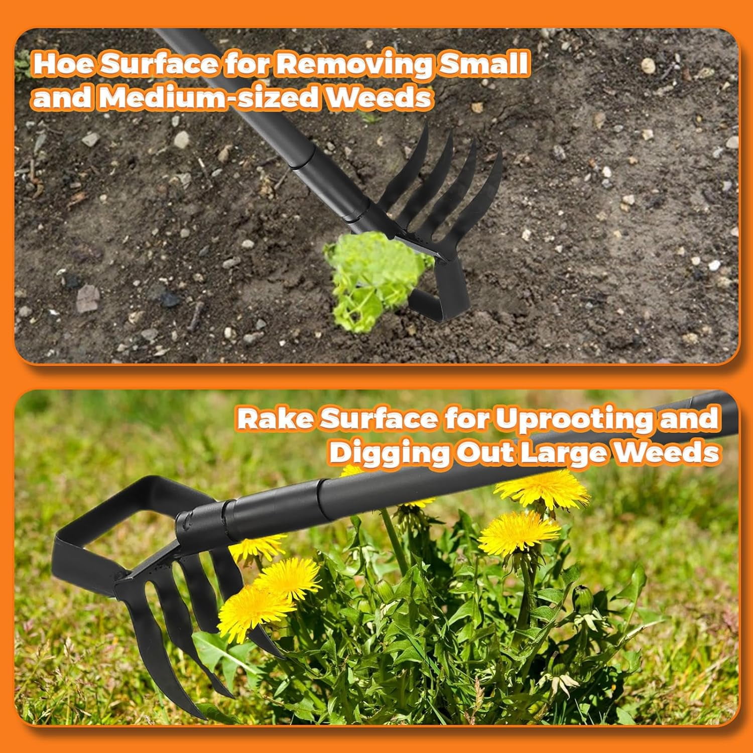 QIHE-Hula Garden Hoe and 4 Tines Rake 2-in-1 Garden Tool for Weeding ...
