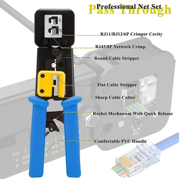 Herramienta de crimpado RJ45, Cat5e, Cat6, para RJ45/RJ12 Regular