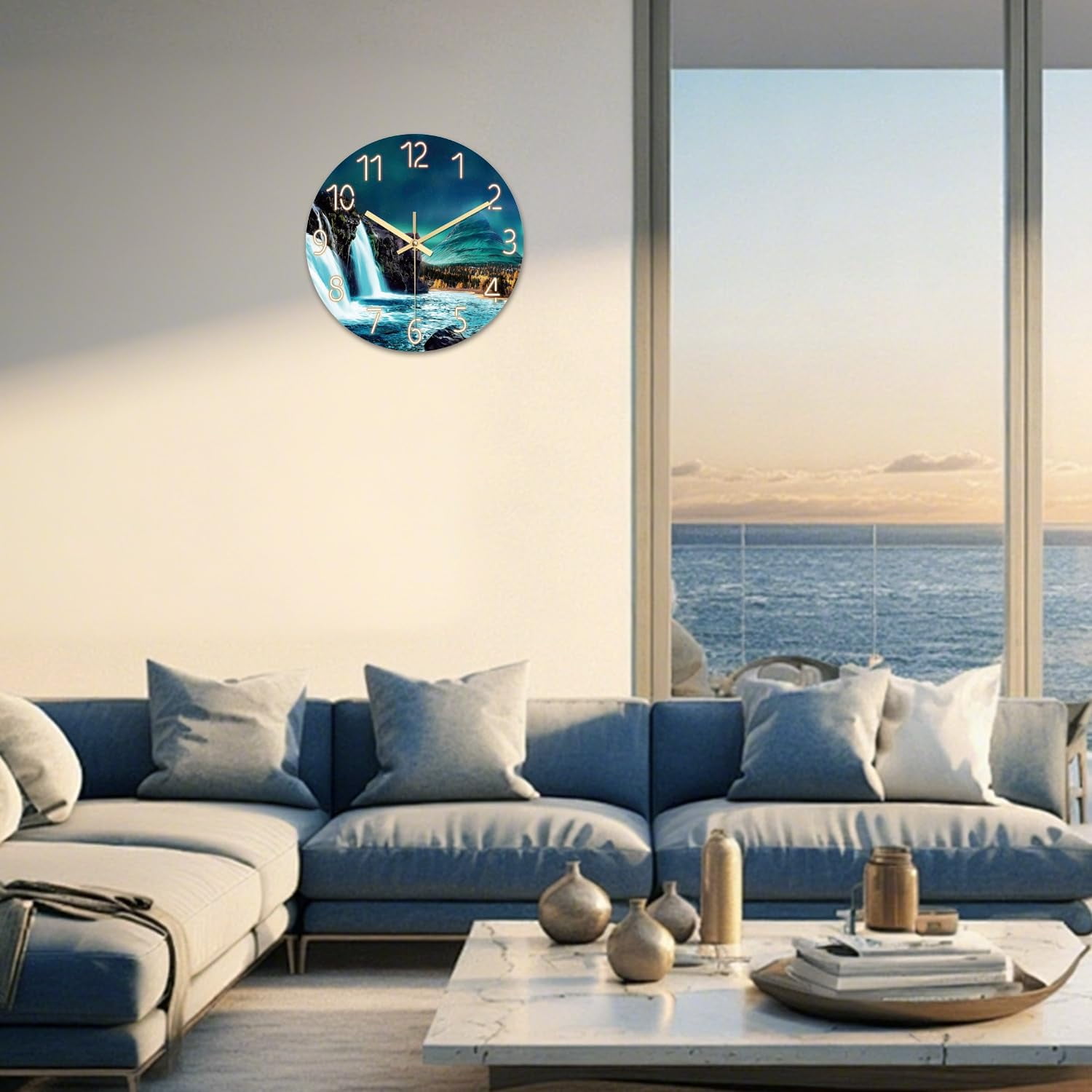 QIHE-Natural Landscape Teal Wall Clock for Bedroom Round Small Wall ...