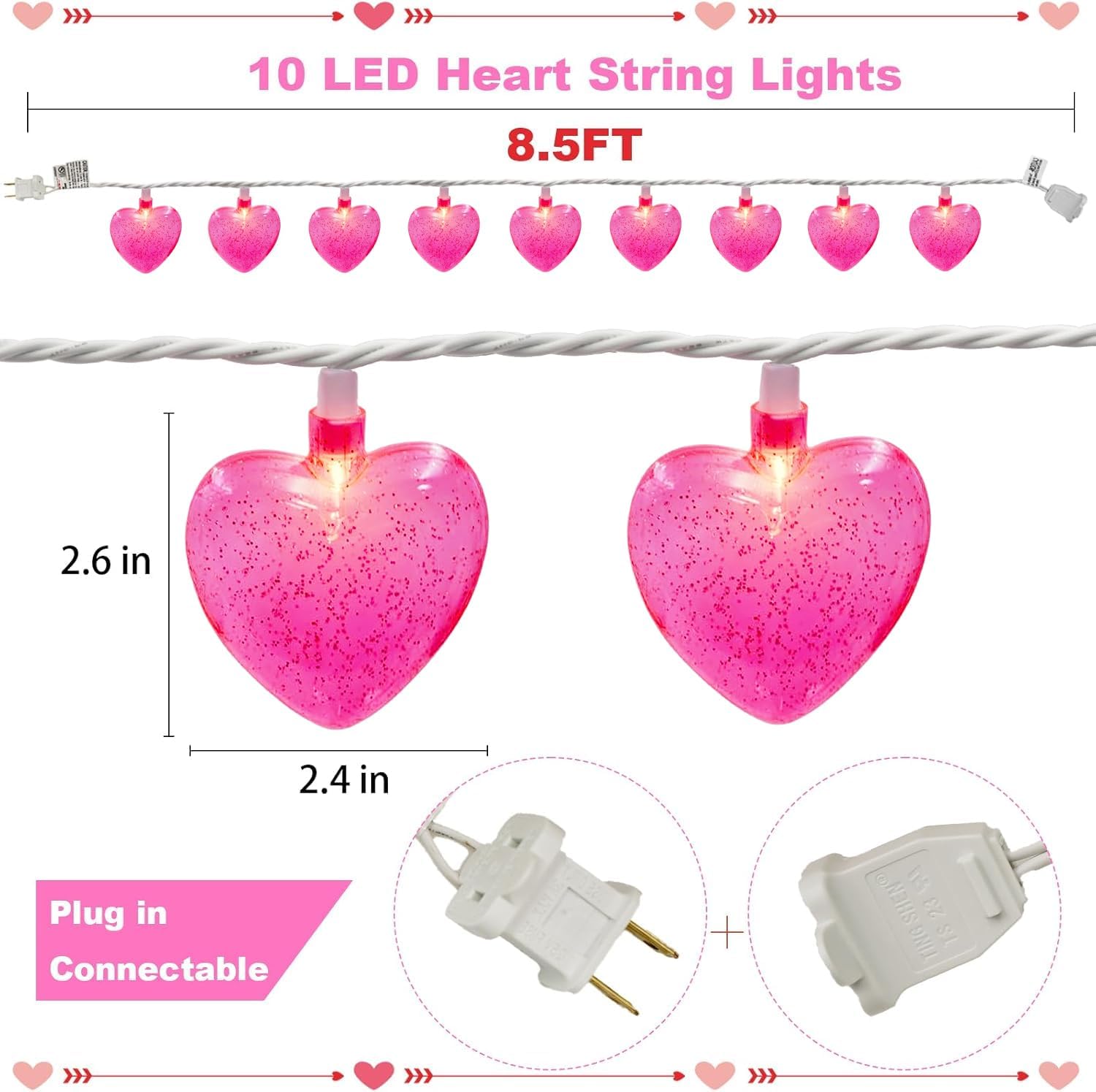 Pink Led Heartlight QIHE-Pink Heart LED String Lights 8.5Ft Mother's Day Lights with 10 ...