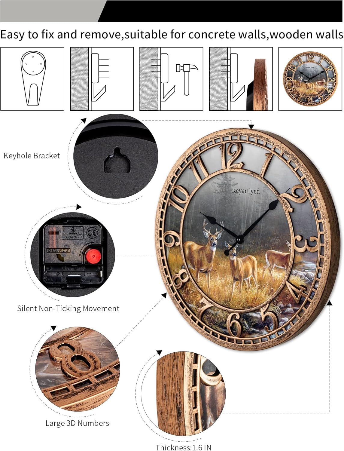QIHE-Round Wall Clock Farmhouse Plastic Deer Clock Battery Operated ...